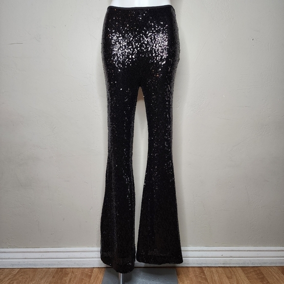 By Anthropologie Joni Black Sequin Flare Pants Size 8 - Picture 1 of 12